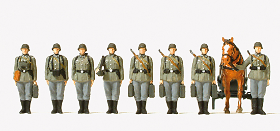 WWII German Infantry riflemen with mortar lined up (8 unpainted figures and 1 unpainted horse)<br /><a href='images/pictures/Preiser/16585.jpg' target='_blank'>Full size image</a>